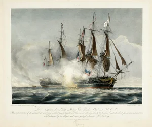Cette représentation de la Frégate Américaine Chesapeake, estropiée et mise en désordre total par les deux premières bordées tirées de H.M.S. Shannon